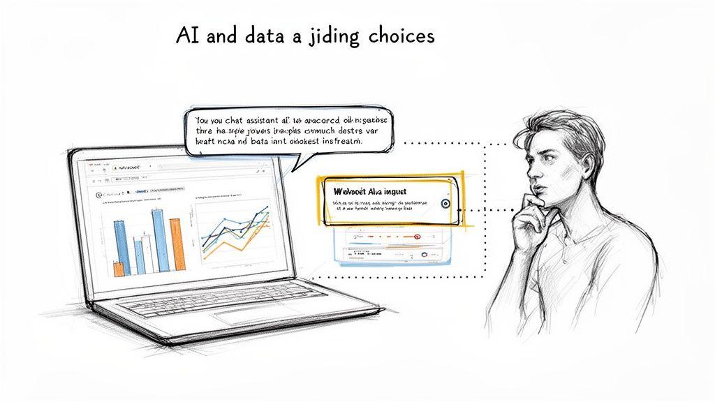 Sketch of a man contemplating data insights from a laptop, illustrating AI and data-driven choices.