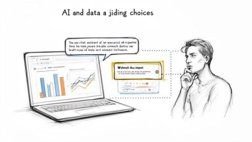 Sketch of a man contemplating data insights from a laptop, illustrating AI and data-driven choices.