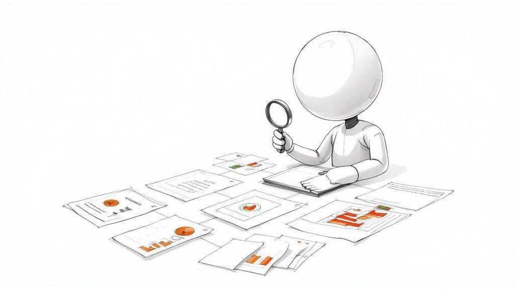 A white character uses a magnifying glass to analyze various business reports and charts on a table.