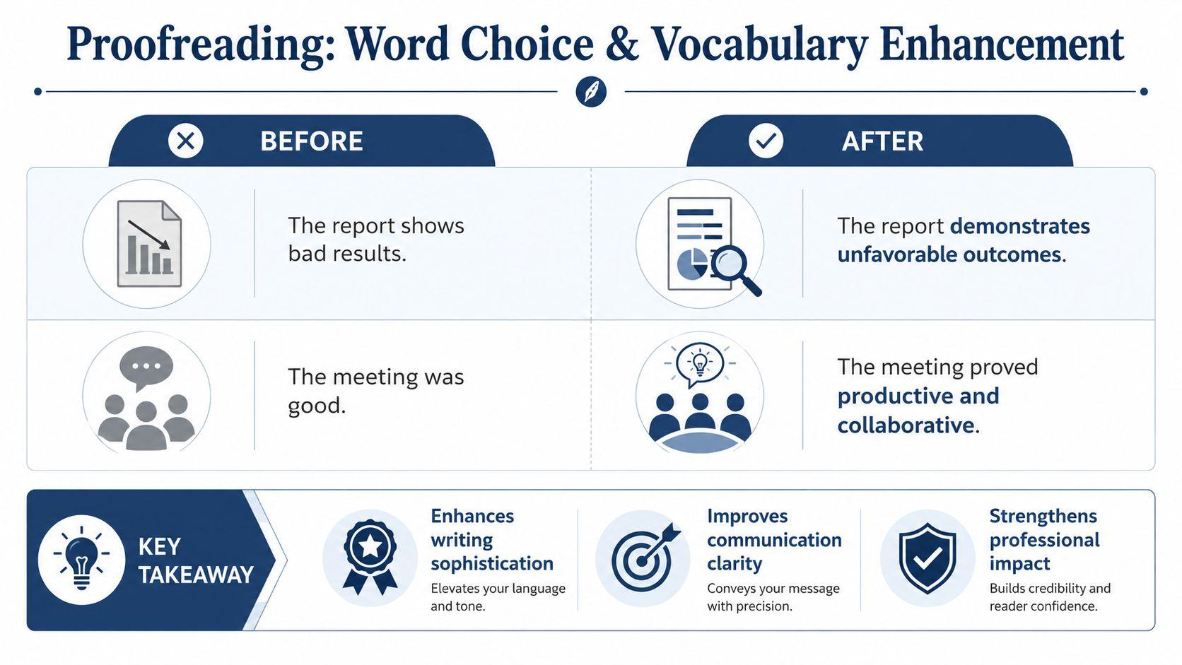 A comparison chart showing how to improve simple sentences by using more sophisticated professional vocabulary choices.