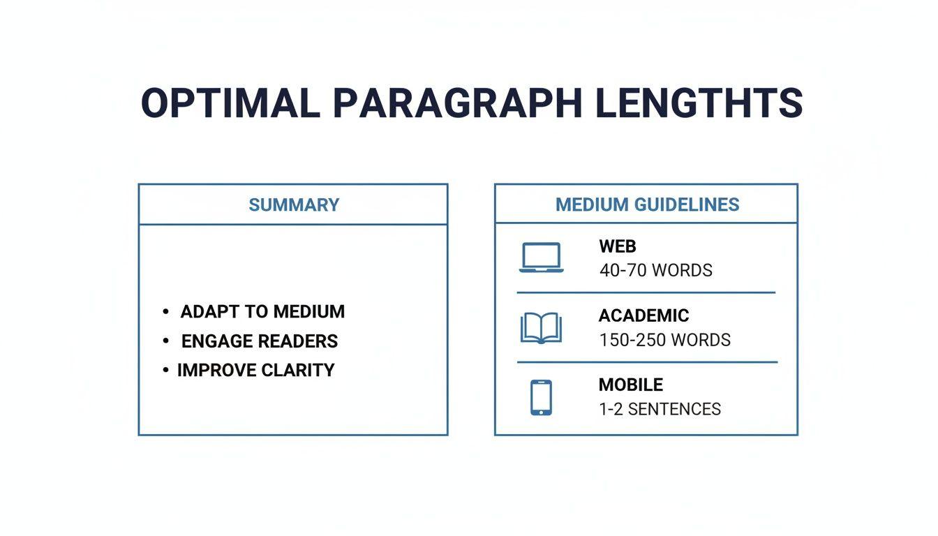 A chart detailing optimal paragraph lengths for web, academic, and mobile content, with word and sentence count guidelines.