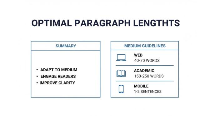 A chart detailing optimal paragraph lengths for web, academic, and mobile content, with word and sentence count guidelines.
