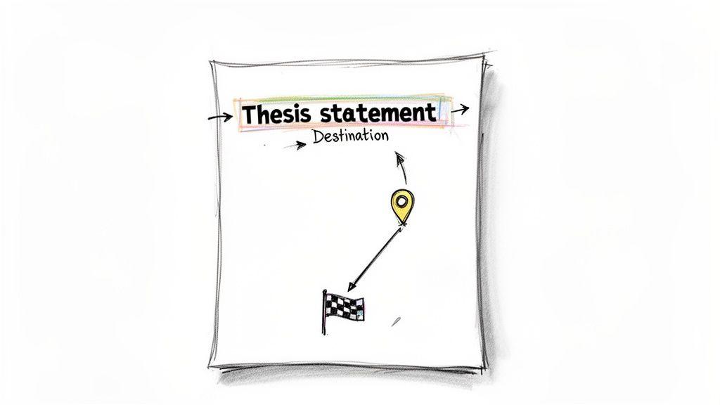 Hand-drawn illustration depicts a thesis statement as a map destination, showing the journey from a start flag to a location pin.