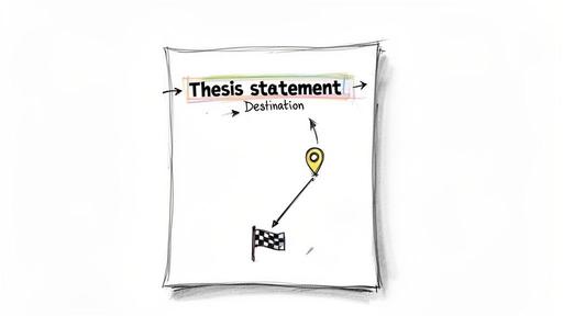 Hand-drawn illustration depicts a thesis statement as a map destination, showing the journey from a start flag to a location pin.