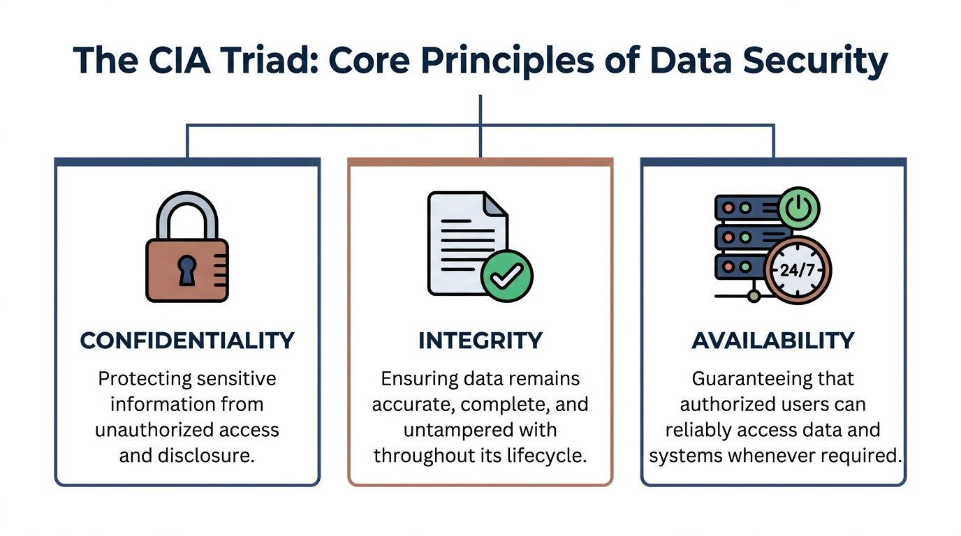 An infographic showing the CIA triad of data security: Confidentiality, Integrity, and Availability with icons.