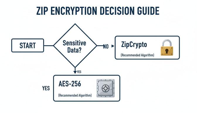 Flowchart guiding ZIP encryption decisions, recommending ZipCrypto for non-sensitive data and AES-256 for sensitive data.
