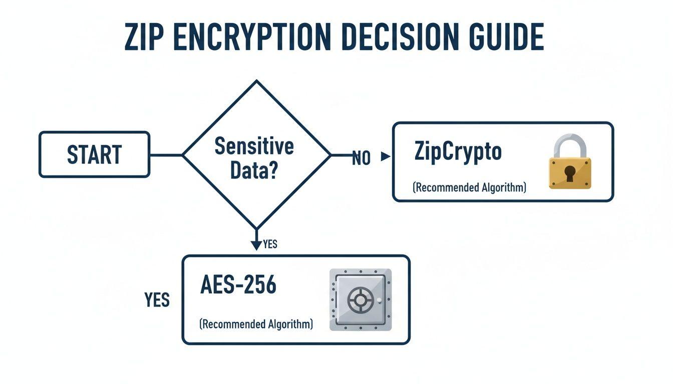 Flowchart guiding ZIP encryption decisions, recommending ZipCrypto for non-sensitive data and AES-256 for sensitive data.