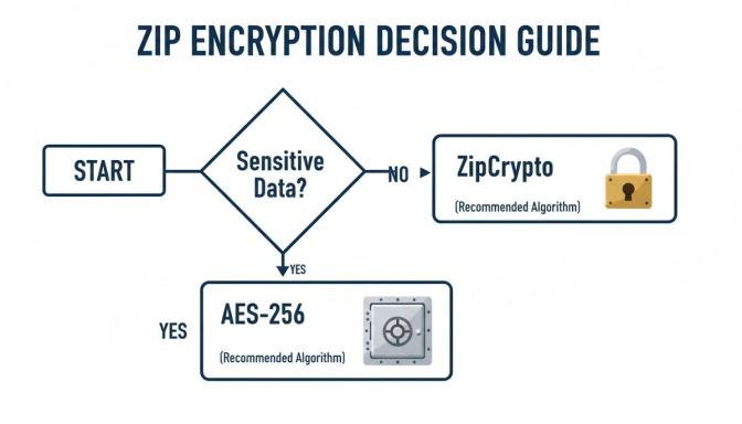 Flowchart guiding ZIP encryption decisions, recommending ZipCrypto for non-sensitive data and AES-256 for sensitive data.
