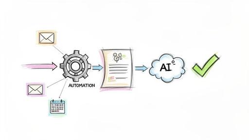 Hand-drawn diagram of an automated workflow: emails, calendar inputs, automation, AI processing, and a successful checkmark.