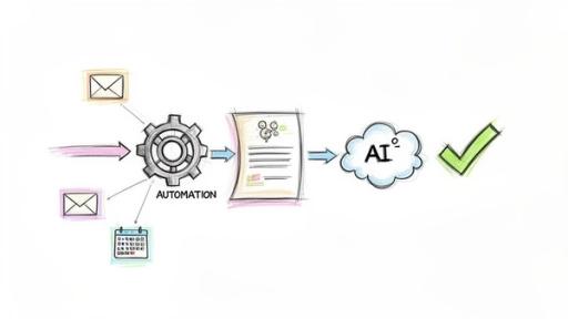 Hand-drawn diagram of an automated workflow: emails, calendar inputs, automation, AI processing, and a successful checkmark.