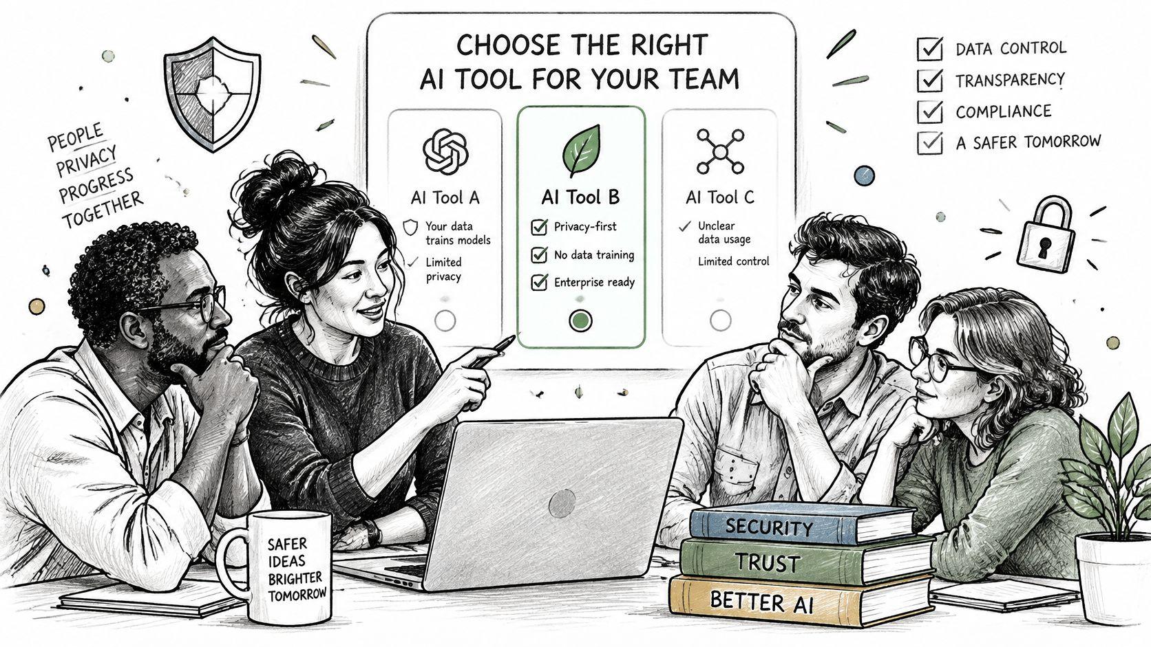 A diverse team discusses choosing secure and privacy-focused AI tools for their business in an office setting.