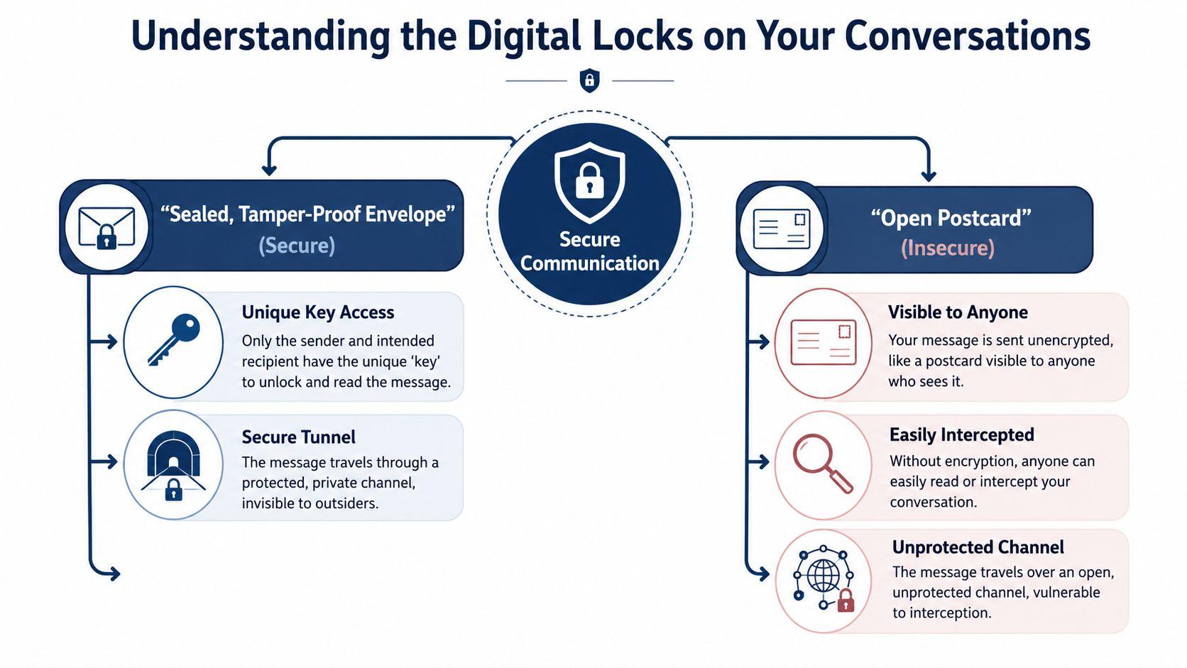 A diagram contrasting secure communication using tamper-proof envelopes versus insecure communication using open, visible postcards.