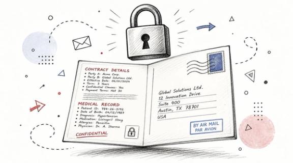 A conceptual illustration of a secure, confidential document being sent by air mail to protect sensitive data.