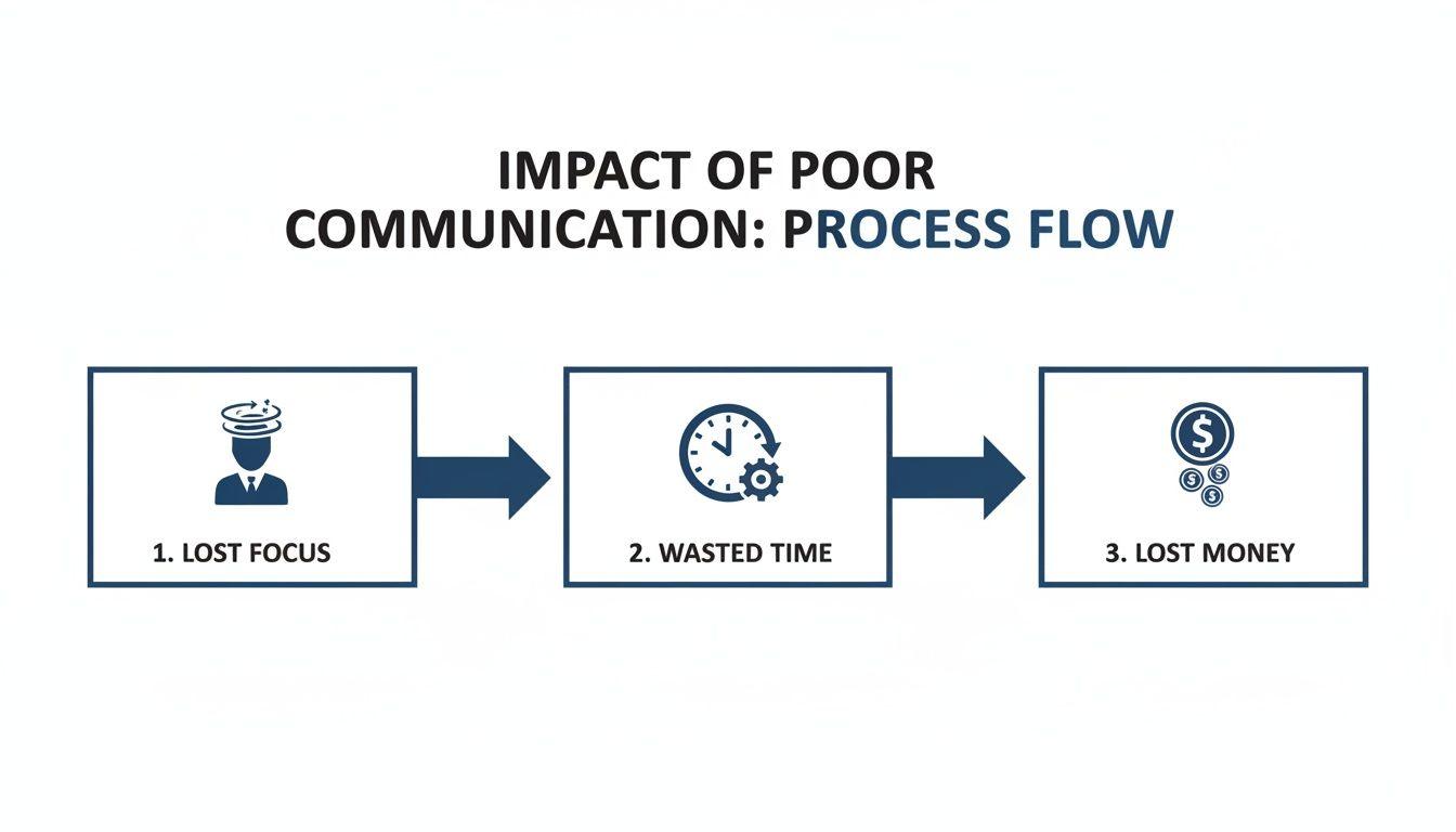 Process flow diagram illustrating the negative impact of poor communication on focus, time, and money.