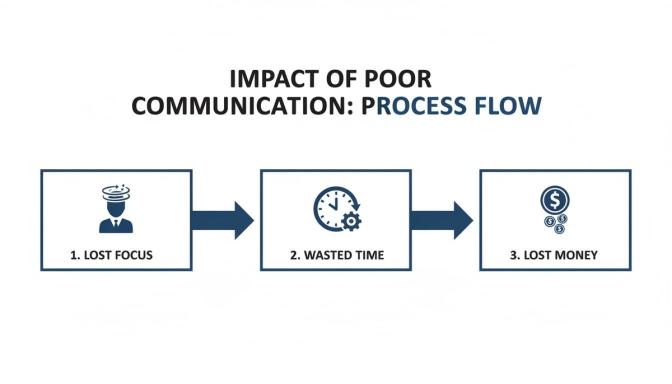 Process flow diagram illustrating the negative impact of poor communication on focus, time, and money.