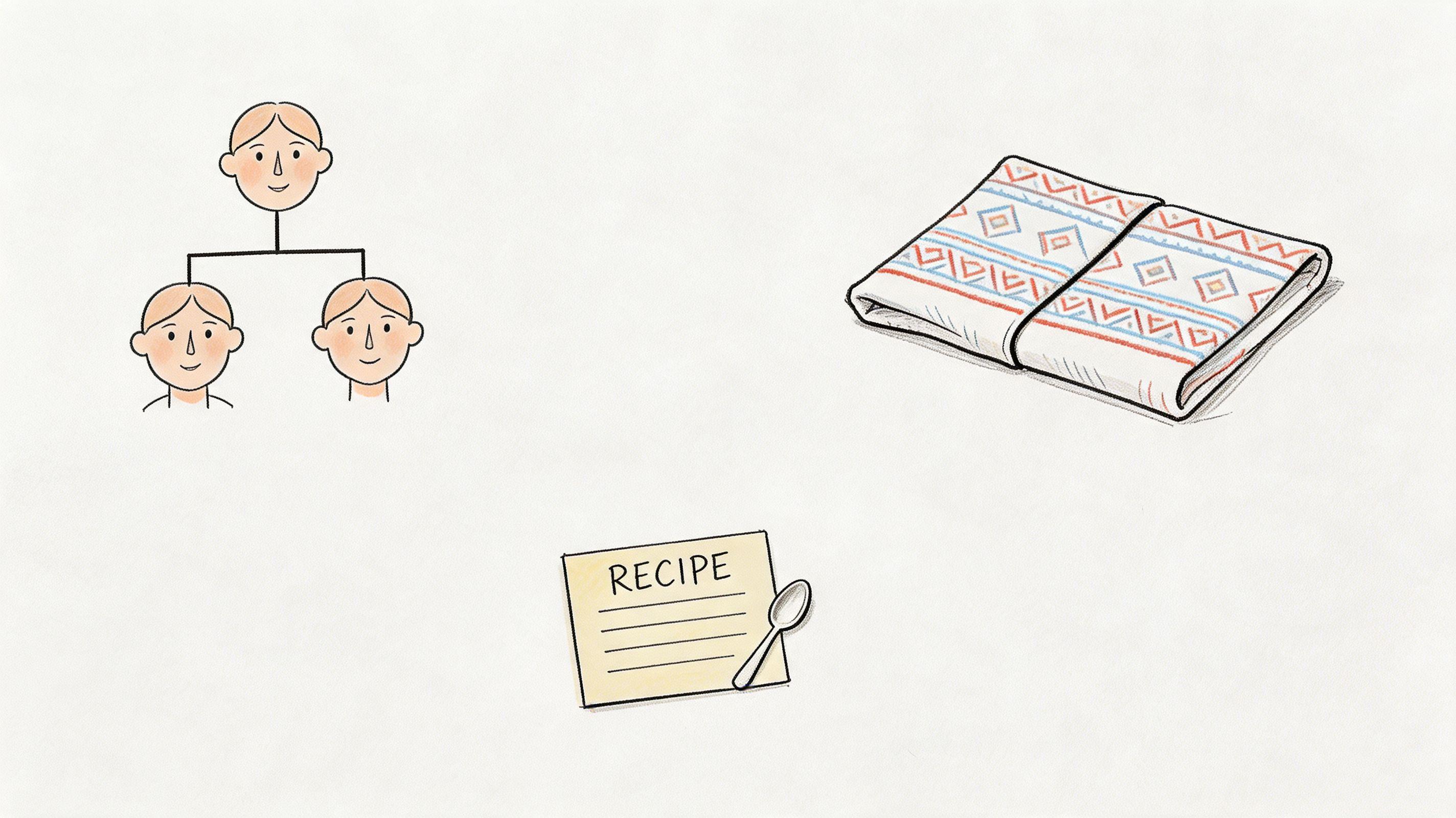A diagram of family members, a patterned folded textile, and a recipe card with a small spoon.