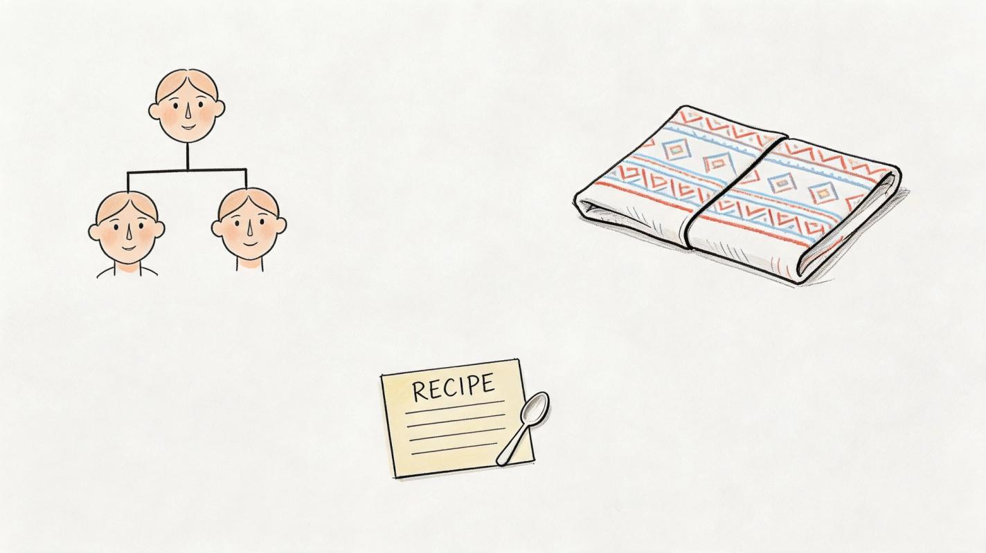 A diagram of family members, a patterned folded textile, and a recipe card with a small spoon.