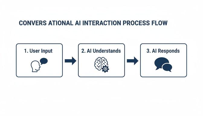 Diagram illustrating the three-step conversational AI interaction process: User Input, AI Understands, and AI Responds.