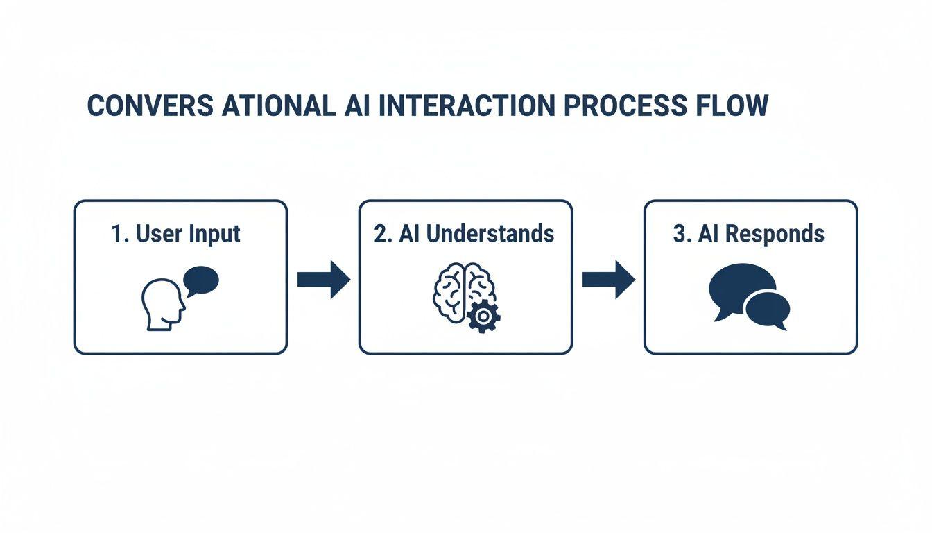 Diagram illustrating the three-step conversational AI interaction process: User Input, AI Understands, and AI Responds.