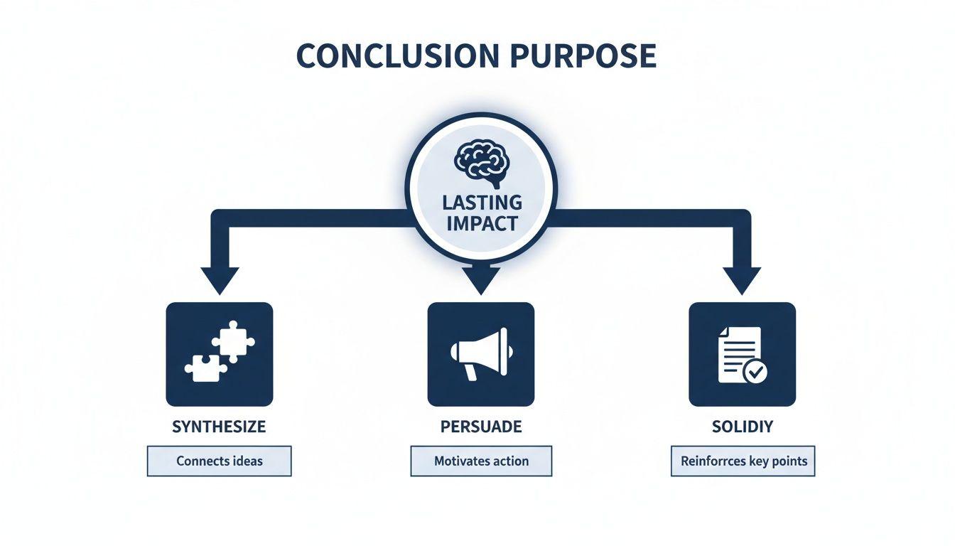 A diagram illustrating the conclusion's purpose: lasting impact through synthesizing, persuading, and solidifying key points.