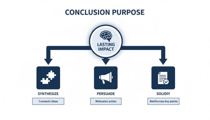 A diagram illustrating the conclusion's purpose: lasting impact through synthesizing, persuading, and solidifying key points.