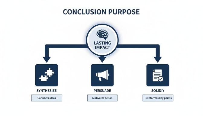 A diagram illustrating the conclusion's purpose: lasting impact through synthesizing, persuading, and solidifying key points.