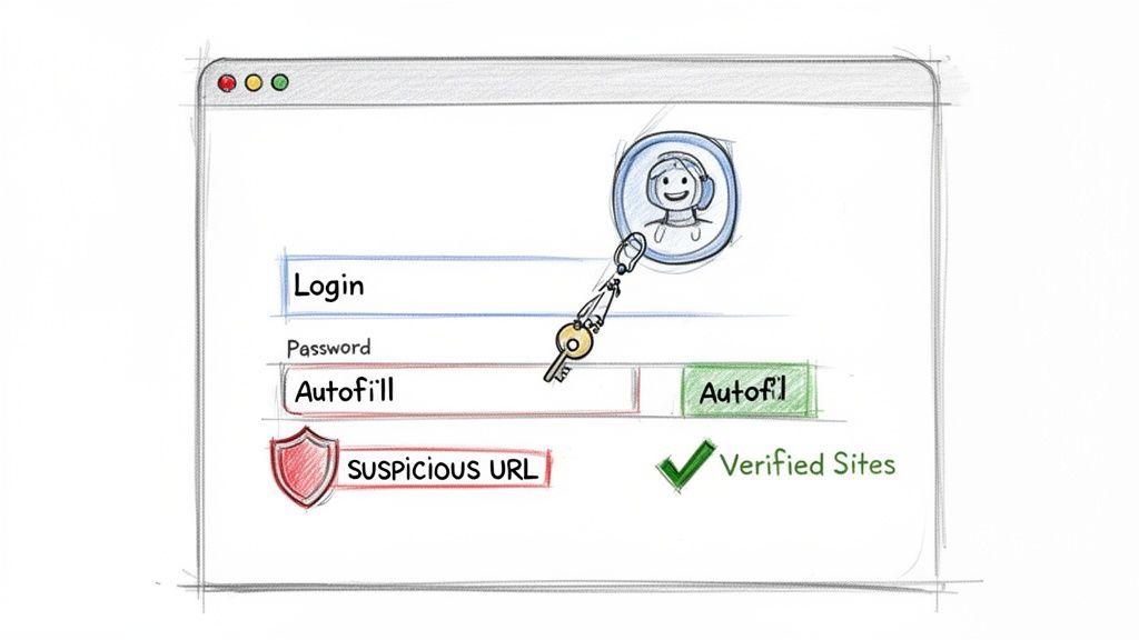 Digital illustration of a login form with password autofill features and warnings for website security.