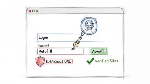Digital illustration of a login form with password autofill features and warnings for website security.