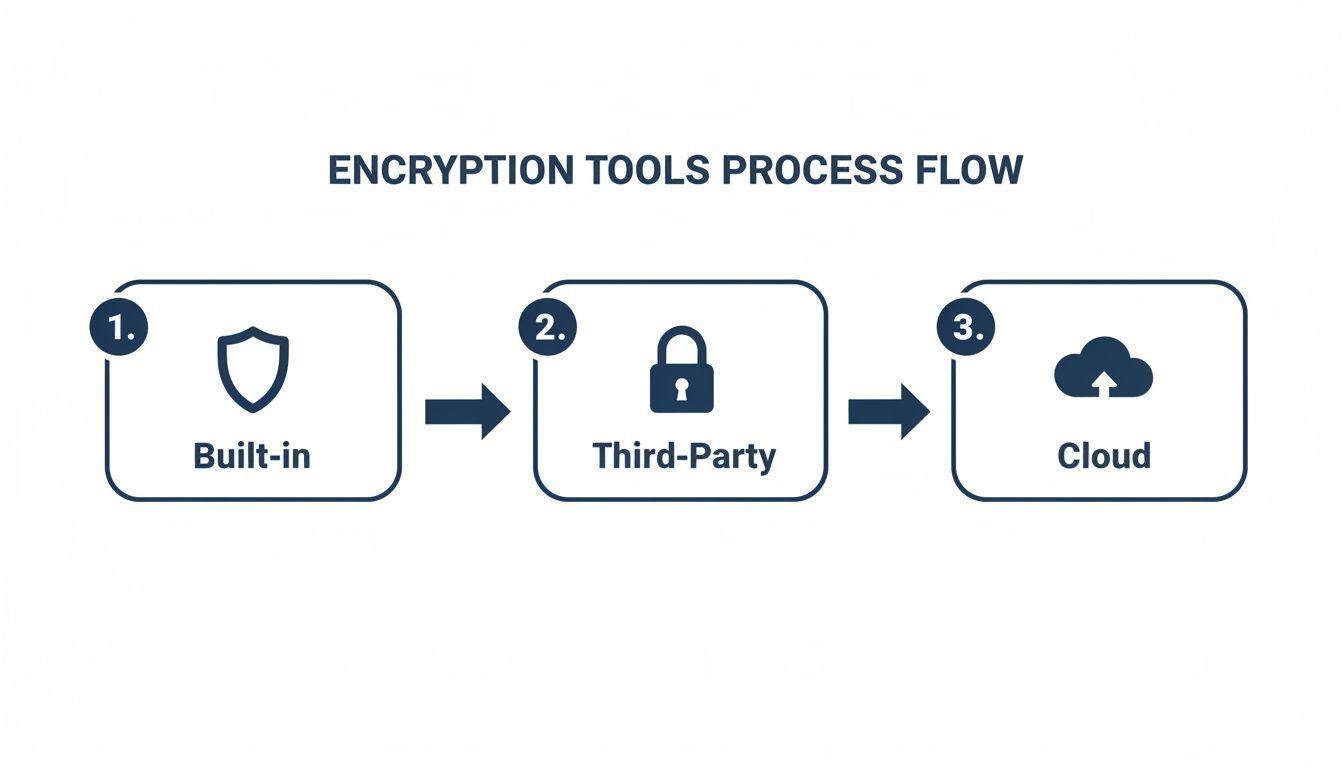 Process flow for encryption tools, illustrating built-in, third-party, and cloud options with icons.