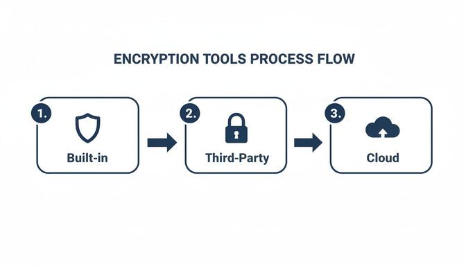 Process flow for encryption tools, illustrating built-in, third-party, and cloud options with icons.