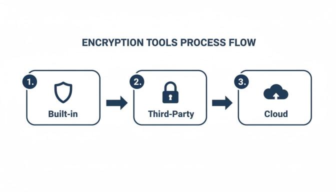 Process flow for encryption tools, illustrating built-in, third-party, and cloud options with icons.