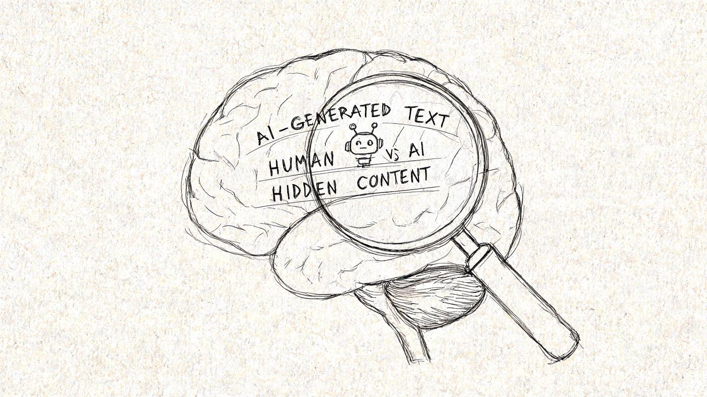 A hand-drawn sketch of a human brain being inspected by a magnifying glass looking for AI content.