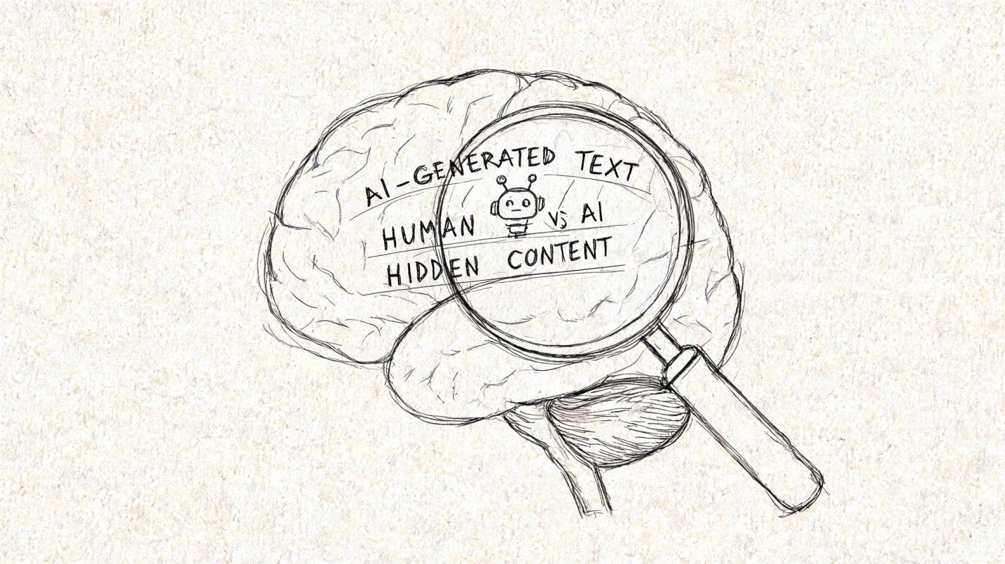 A hand-drawn sketch of a human brain being inspected by a magnifying glass looking for AI content.