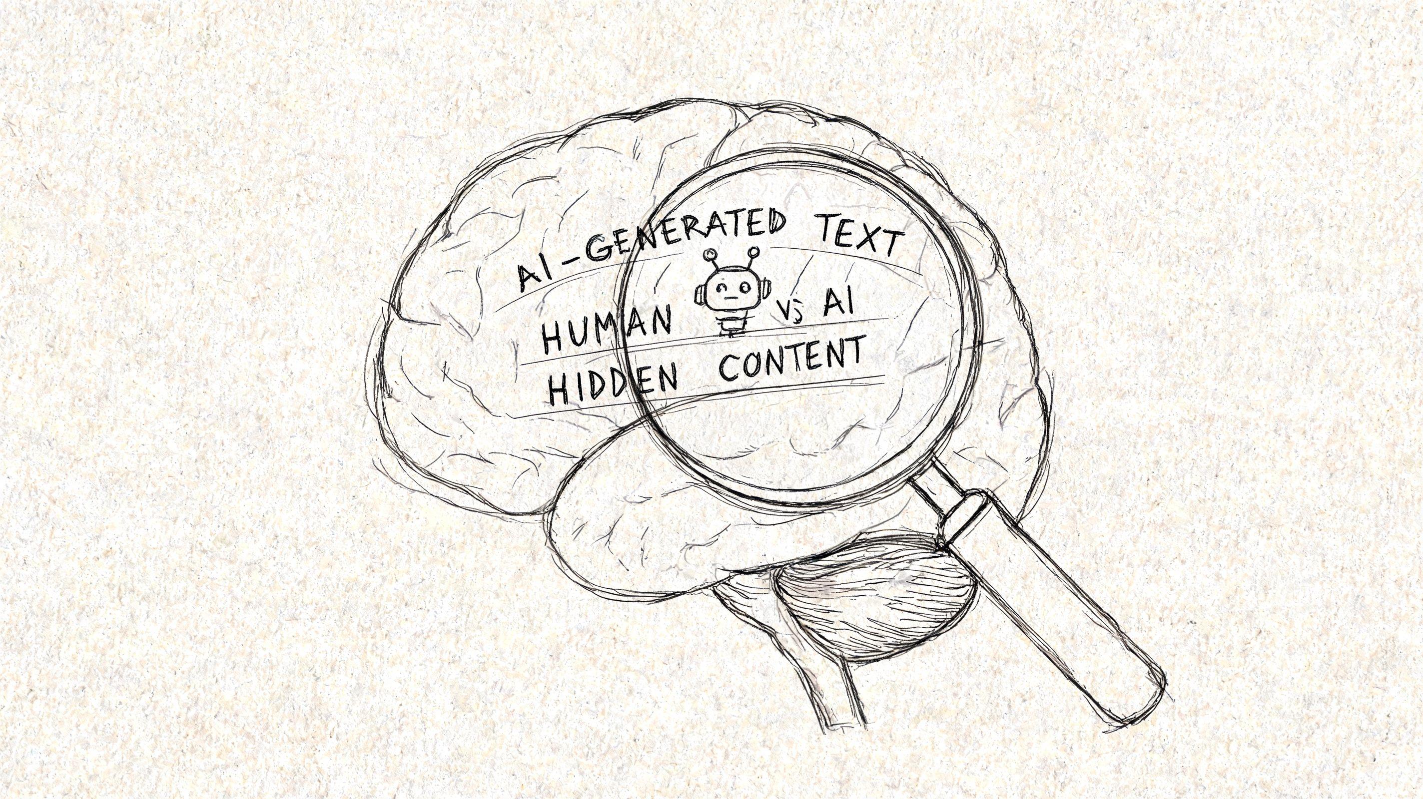 A hand-drawn sketch of a human brain being inspected by a magnifying glass looking for AI content.