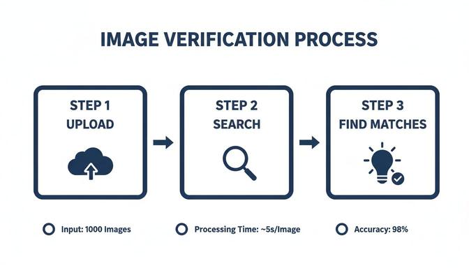 An infographic illustrating a three-step image verification process: upload, search, and find matches, with performance metrics.