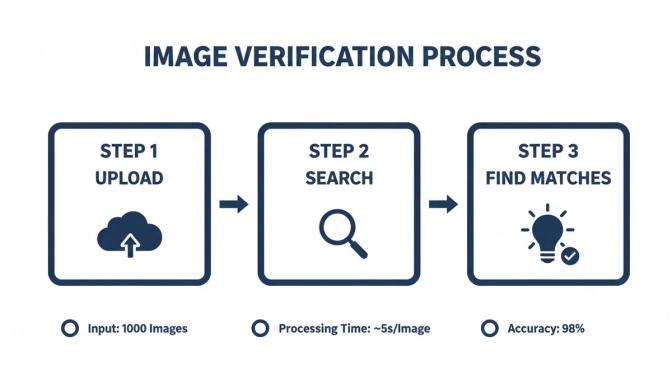 An infographic illustrating a three-step image verification process: upload, search, and find matches, with performance metrics.