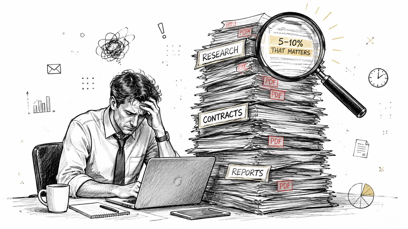 A stressed businessman looking at a massive pile of document files on his desk using a magnifying glass.