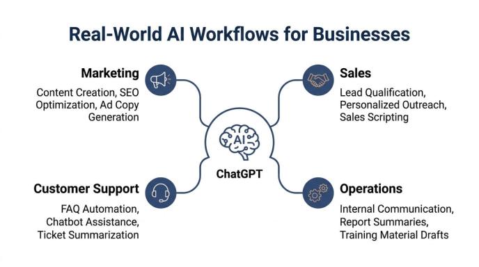 A diagram illustrating how ChatGPT can be utilized for marketing, sales, customer support, and business operations workflows.