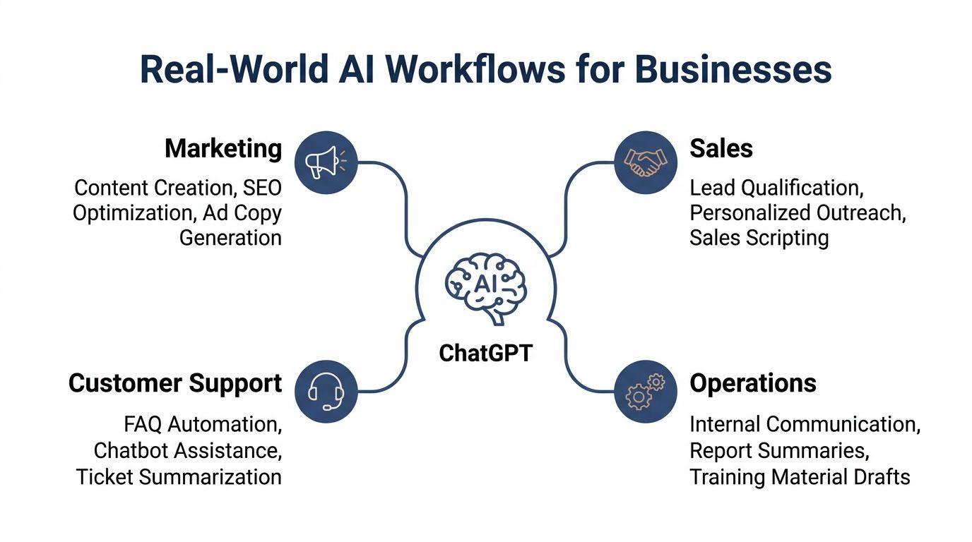 A diagram illustrating how ChatGPT can be utilized for marketing, sales, customer support, and business operations workflows.