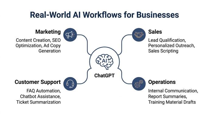 A diagram illustrating how ChatGPT can be utilized for marketing, sales, customer support, and business operations workflows.