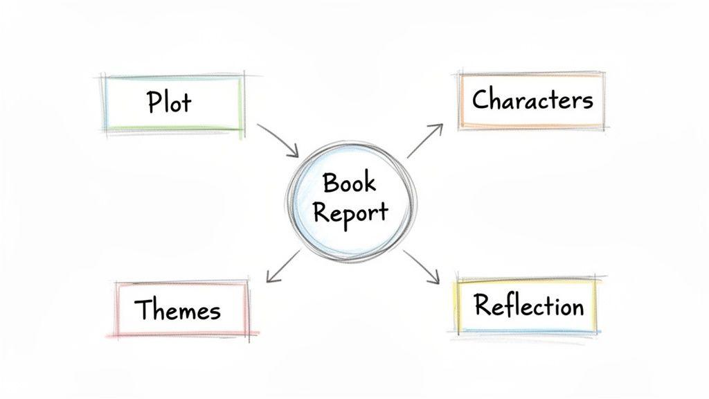 A hand-drawn mind map illustrating the key components of a book report: Plot, Characters, Themes, and Reflection.