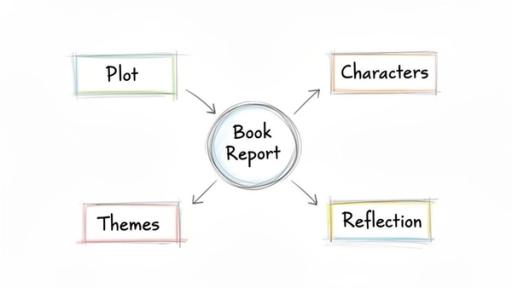 A hand-drawn mind map illustrating the key components of a book report: Plot, Characters, Themes, and Reflection.