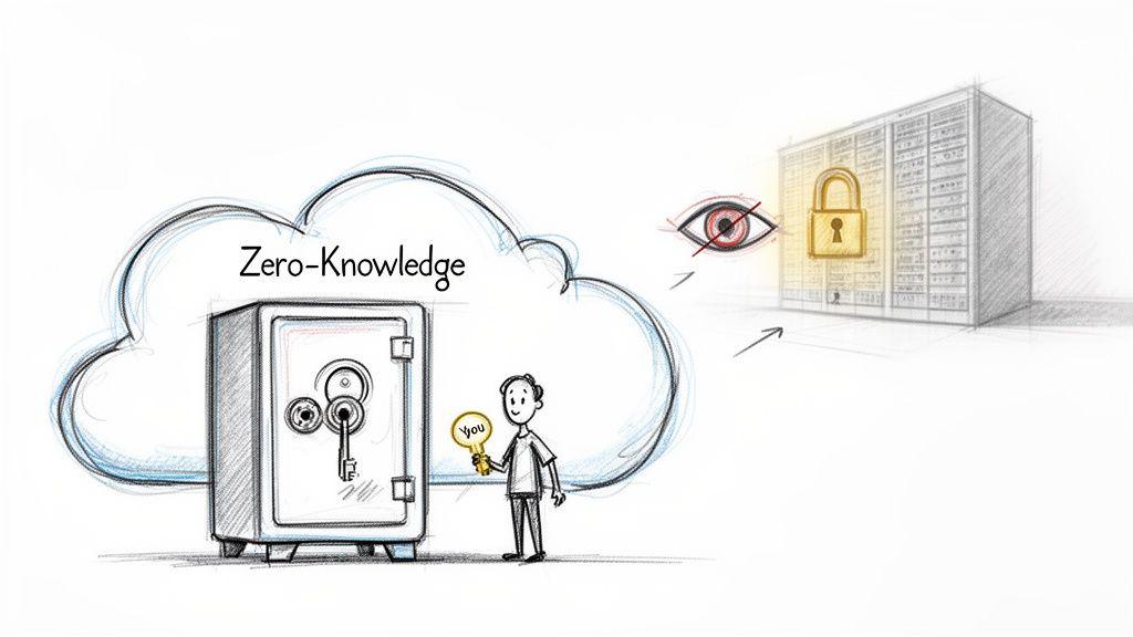 Diagram showing zero-knowledge security: a user with a key, a safe in a cloud, and secured servers.