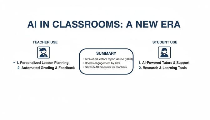 Infographic detailing AI applications for teachers and students in classrooms, with usage benefits summary.