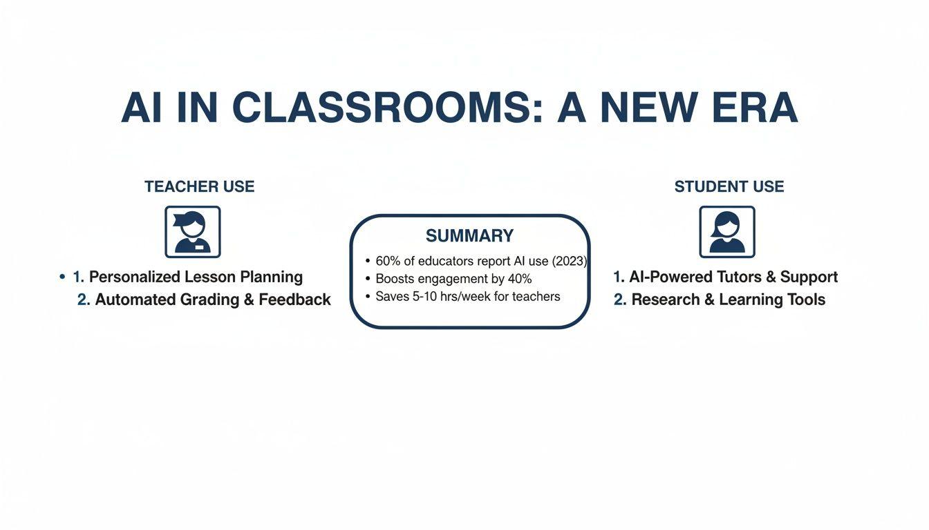 Infographic detailing AI applications for teachers and students in classrooms, with usage benefits summary.