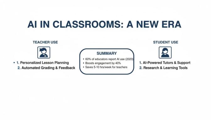 Infographic detailing AI applications for teachers and students in classrooms, with usage benefits summary.
