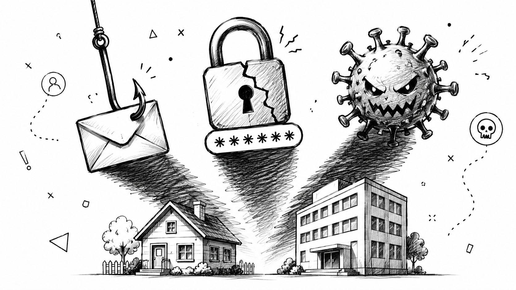 A conceptual illustration showing cybersecurity threats like phishing, cracked passwords, and malware targeting homes and offices.