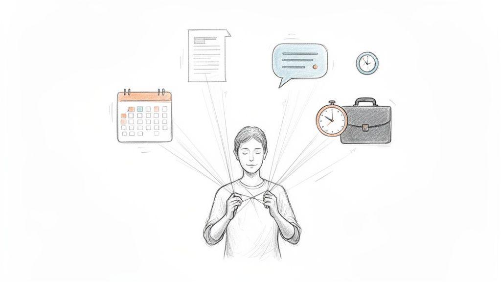 A person manages multiple tasks and responsibilities, represented by various icons like a calendar, document, and briefcase.