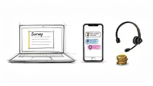 Sketches illustrating market research tools: a laptop with a survey, a phone with chat, and a headset with coins.
