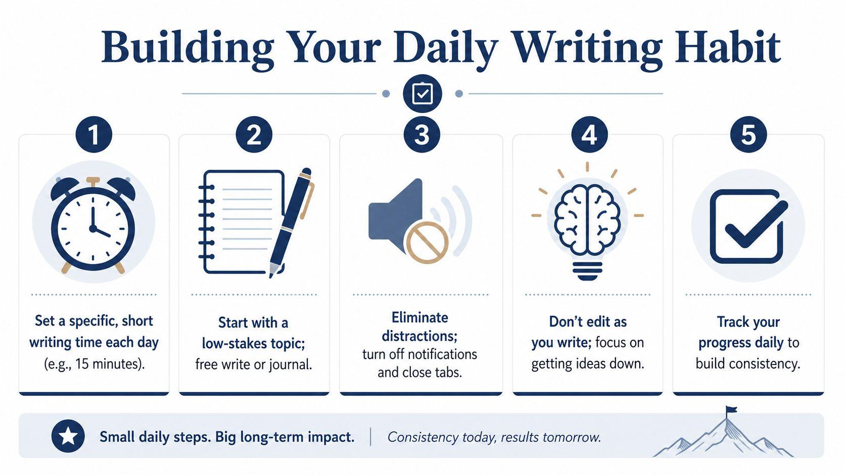 A five-step guide illustration showing how to build a daily writing habit effectively.